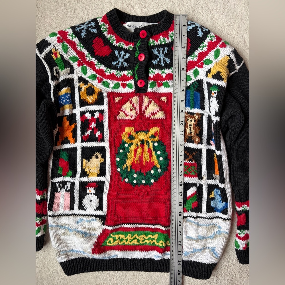Vintage The Eagle’s Eye Black Festive Sweater Multicolor Design Women Small - Picture 12 of 13